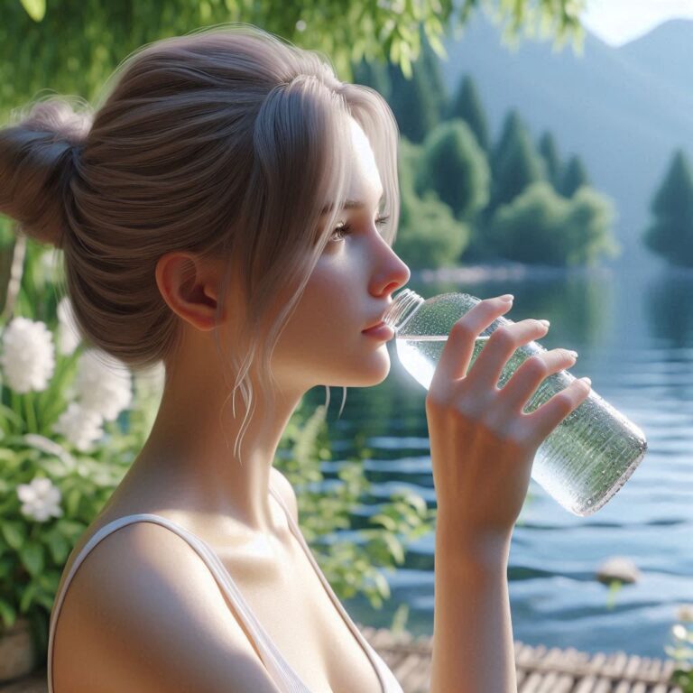 Girl drinking water in a natural surrounding